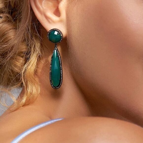 NEW Natural Green Onyx Teardrop Earrings - Picture 5 of 8